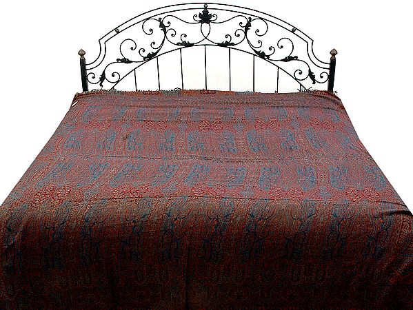 Maroon and Blue Double-Sided Pure Wool Jamawar Bedspread