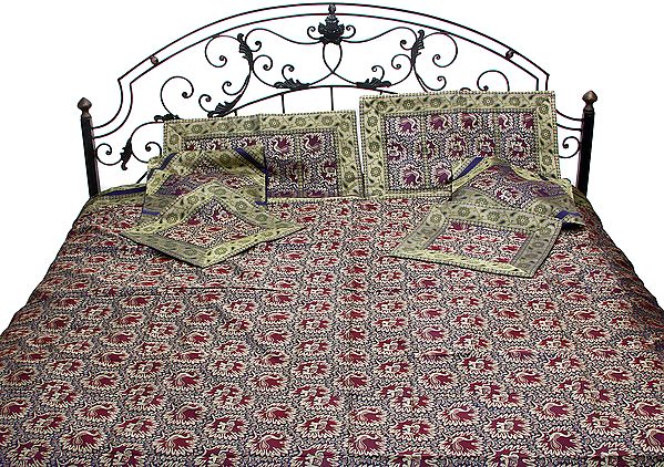 Maroon and Blue Seven-Piece Banarasi Bedcover with Woven Elephants and Peacocks