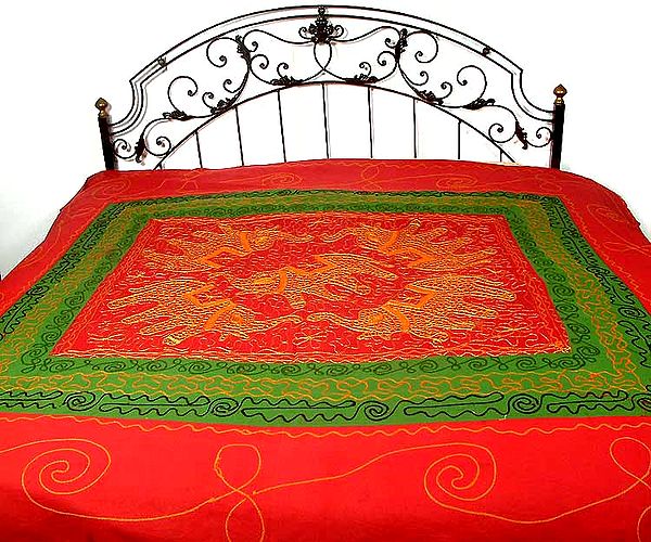 Maroon and Green Embroidered Bedspread with Elephant Motifs