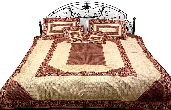 Maroon and Ivory Seven-Piece Banarasi Bedcover with Woven Elephants and Peacocks on Border