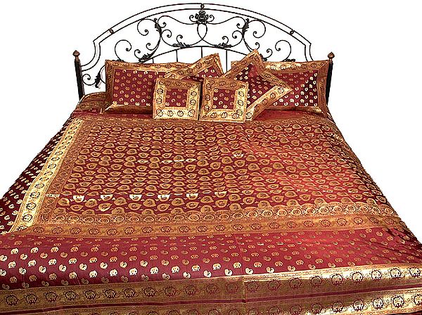 Maroon Banarasi Bedcover Woven by Hand with Elephants and Peacocks