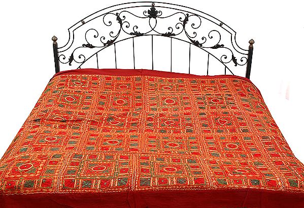 Maroon Bedcover from Kutch with All-Over Embroidery and Mirrors