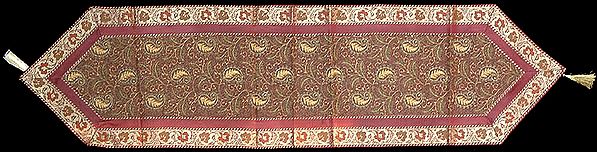 Maroon Brocaded Table Runner from Banaras with Embroidered Paisleys
