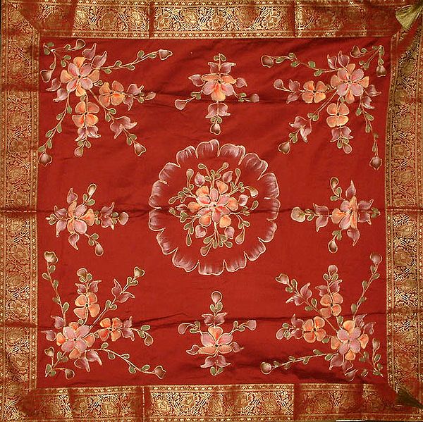 Maroon Floral Table Cover with Golden Thread Weave