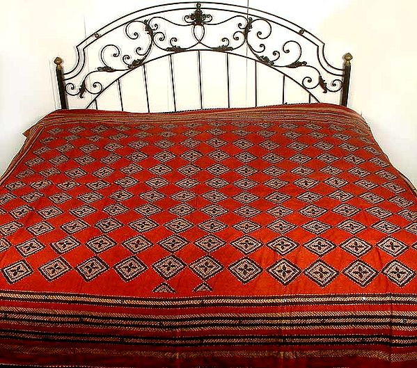 Maroon Kantha Stitch Bedspread with Mirrors