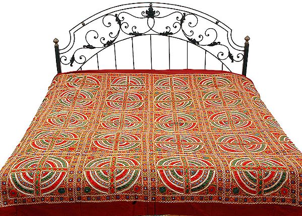 Maroon Kutch Bedcover with All-Over Embroidery and Mirrors