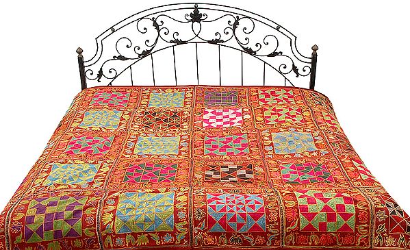 Maroon Kutch Bedcover with Multi-Color Embroidery All-Over