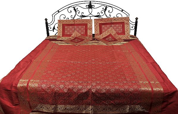 Mars-Red Five-Piece Banarasi Bedspread with Brocaded Paisleys