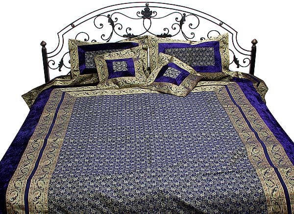 Mazarine-Blue Five-Piece Banarasi Bedspread with Velvet Applique and Tanchoi Weave