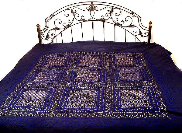 Midnight Blue Gujarati Bedspread with Embroidery