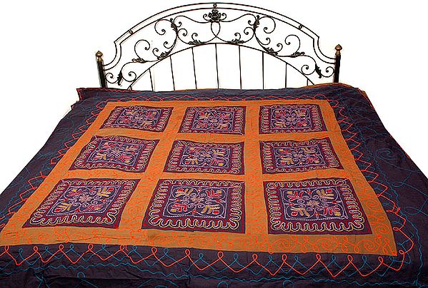 Midnight-Blue Gujarati Bedspread with Hand-Embroidery All-Over and Mirrors
