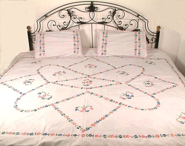 Milky White Bedspread with Floral Embroidery