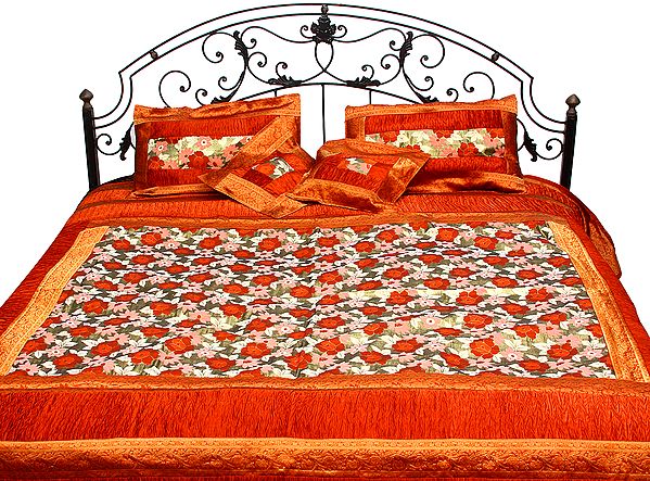 Mineral-Red Five-Piece Banarasi Bedspread with Woven Flowers All-Over