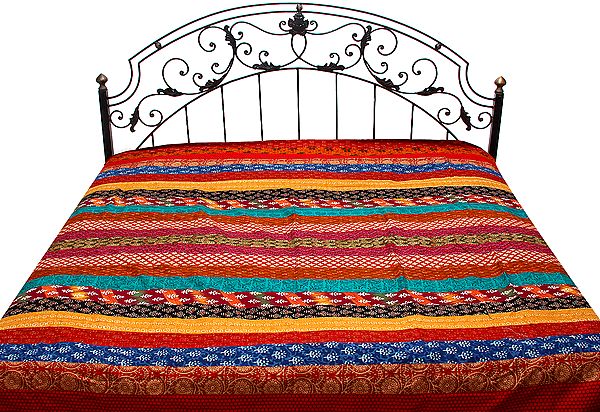 Multi-Color Bedspread from Ahmedabad with Printed Motifs
