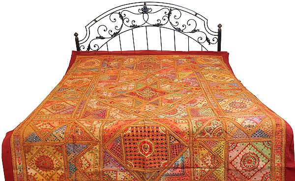 Multi-color Bedspread From Kutch with Embroidered Patches and Mirrors