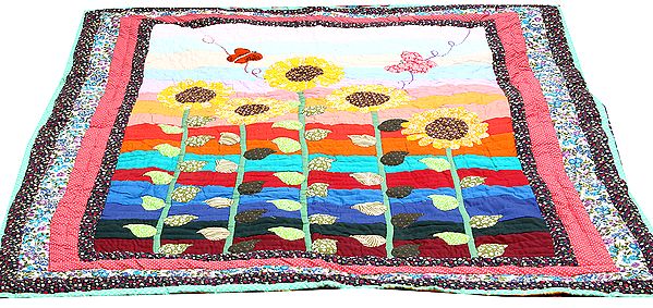 Multi-Color Children's Blanket from Dehradun with Flowers in Patch Work