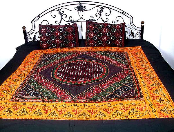 Multi-Color Gujarati Bedspread with Thread Work and Mirrors