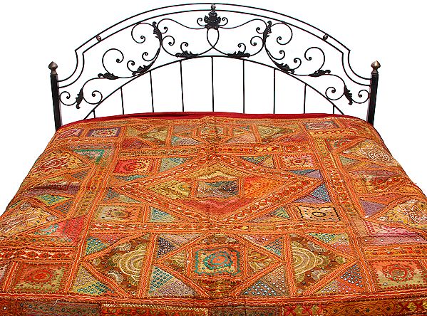 Multi-Color Gujrati Patch Bedspread with All-Over Embroidery and Mirrors
