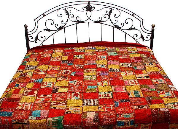 Multi-Color Heavy Bedcover from Kutch with Patchwork and All-Over Embroidery