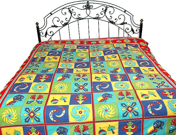 Multi-Color Kantha Bedspread with Auspicious Print