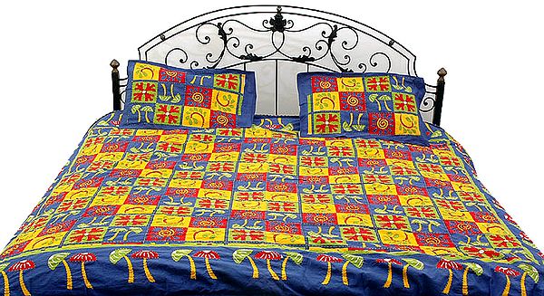 Multi-Color Kantha Stitch Bedspread with Auspicious Print