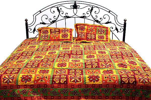 Multi-Color Kantha Stitch Bedspread with Block Print