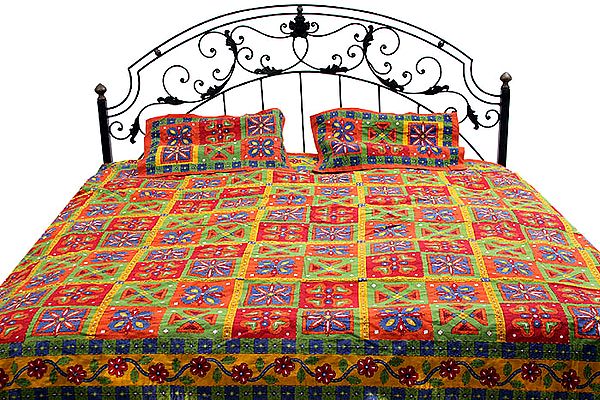 Multi-Color Kantha Stitch Bedspread with Floral Print