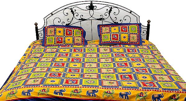 Multi-Color Kantha Stitch Bedspread with Printed Elephants and Camels