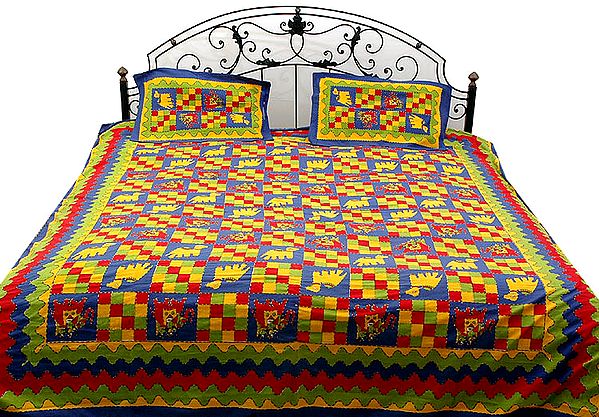 Multi-Color Kantha Stitch Bedspread with Printed Camels and Elephants