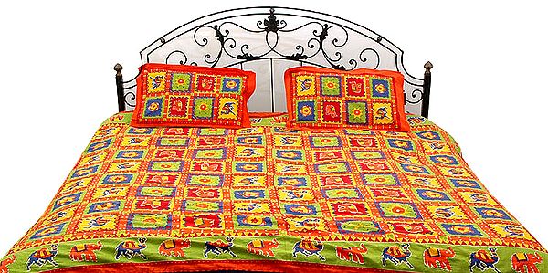 Multi-Color Kantha Stitch Bedspread with Printed Camels and Elephants