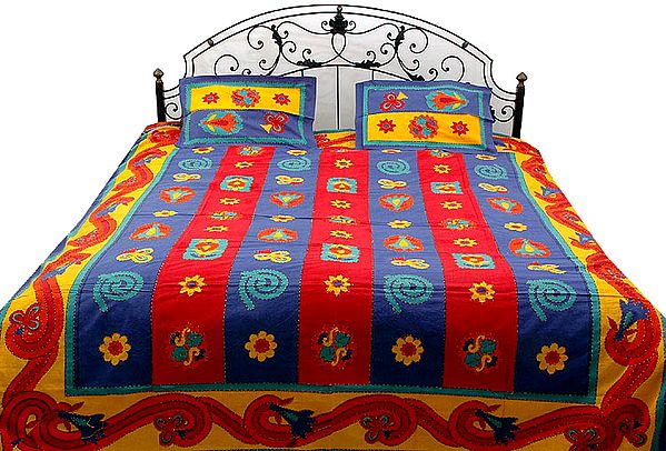 Multi-Color Kantha Stitch Printed Bedspread from Sanganer