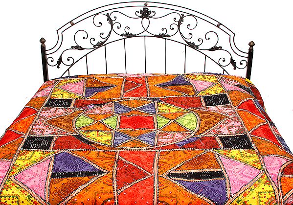 Multi-Color Kutch Bedcover with Patch Work, Mirrors and All-Over Embroidery