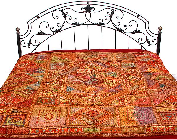 Multi-Color Kutch Bedcover with Patch Work, Mirrors and Antiquated Embroidery