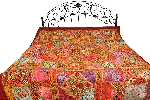 Multi-Color Kutch Mandala Bedcover with Embroidered Patches and Mirrors