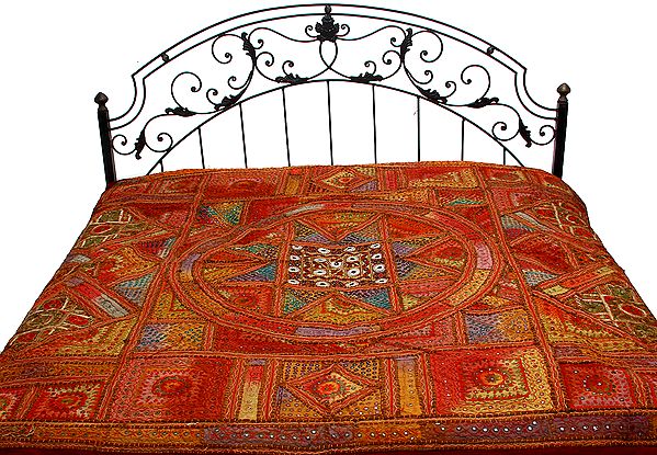 Multi-Color Kutch Mandala Bedspread with Silver Thread Embroidery and Mirrors
