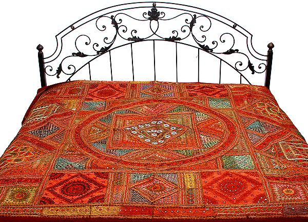Multi-Color Kutch Patch Bedspread with Giant Mandala and Embroidered Mirrors