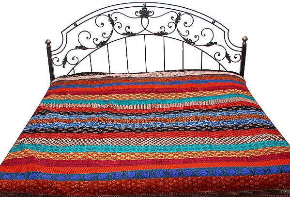 Multi-Color Patchwork Bedspread from Gujarat with Printed Flowers