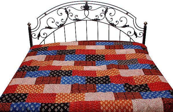 Multi-Color Patchwork Bedspread from Kutch with Printed Flowers