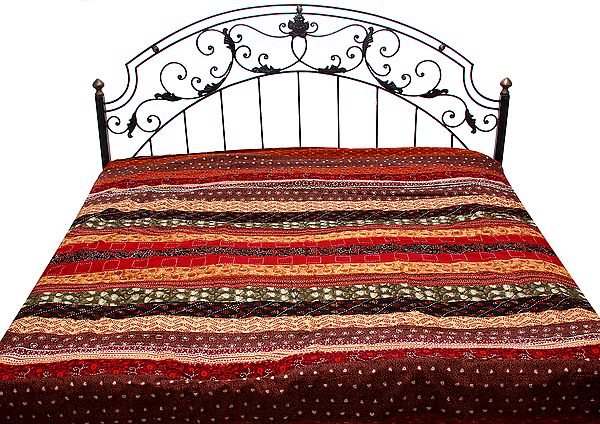 Multi-Color Patchwork Bedspread from Kutch with Printed Flowers and Kantha Embroidery