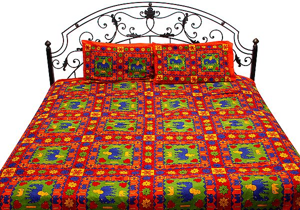 Multi-Color Sanganeri Bedspread with Printed Elephants and Kantha Embroidery