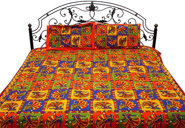 Multi-Color Printed Bedcover with Dancing Ladies and Kantha Stitch Embroidery