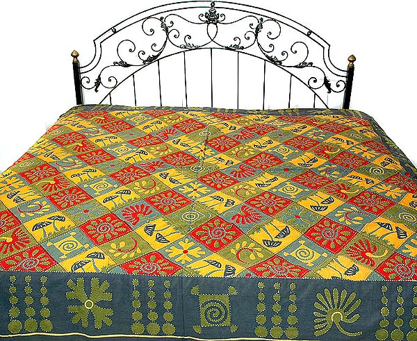 Multi-Color Printed Bedspread from Rajasthan with Kantha Stitch