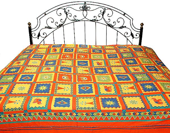 Multi-Color Printed Bedspread from Rajasthan with Kantha Stitch
