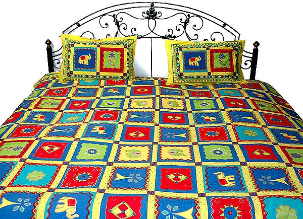Multi-Color Printed Bedspread from Rajasthan with Golden Paint