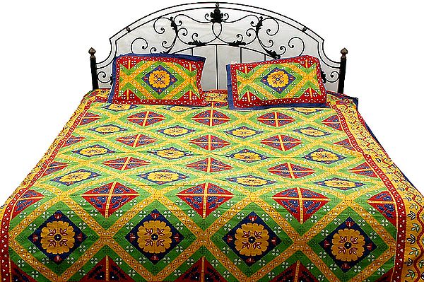 Multi-Color Printed Bedspread with Kantha Stitch Embroidery
