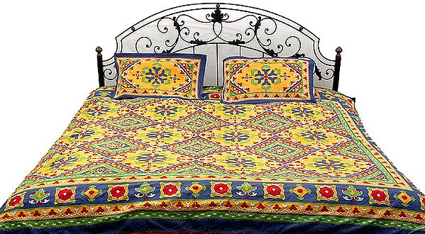 Multi-Color Printed Bedspread with Kantha Stitch Embroidery