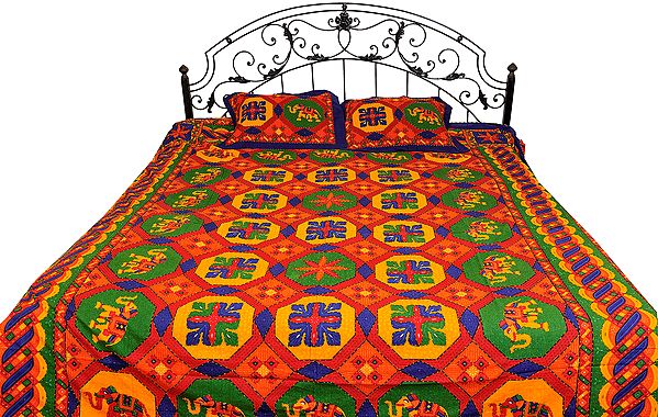 Multi-Color Sanganeri Bedspread with Printed Elephants and Kantha Stitched Embroidery