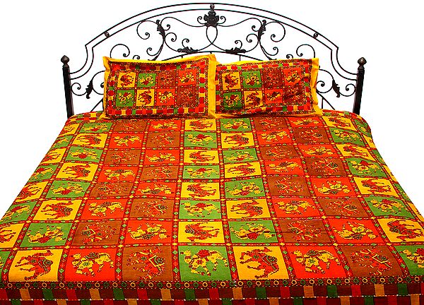 Multi-Color Sanganeri Bedspread with Printed Camels and Kantha Embroidery