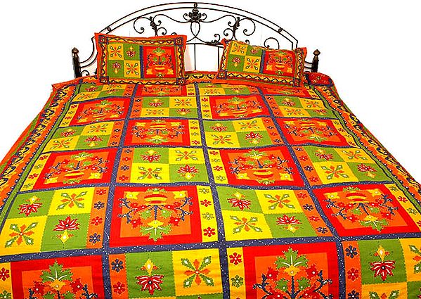 Multi-Color Sanganeri Printed Stonewashed Bedspread with Kantha Stitch Embroidery