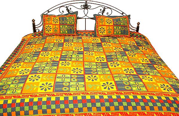 Multi-Color Sanganeri Printed Stonewashed Bedspread with Kantha Stitch Embroidery